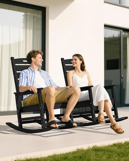 SERWALL Outdoor Rocking Chair Set of 2, Oversized Rocking Chair with Footboard for Adults, HDPE All Weather Rocking Chairs for Patio, 350lbs Weight Capacity, Black
