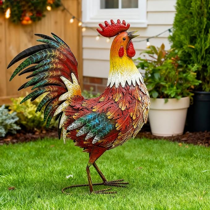 21in Metal Rooster Yard Decor, Outdoor Garden Statues, Metal Chicken Sculpture for Backyard Garden Patio Kitchen Décor