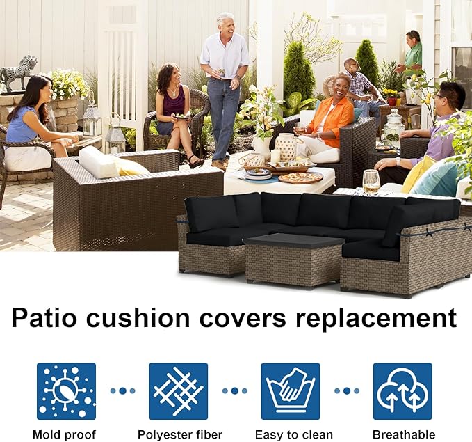 14 PCs Patio Cushion Covers for 7 PCs Outdoor Furniture Sectional Seating Sets Water Resistant Plus 2 Throw Pillows (Black, 23.6(L)*23.6(W)*4.33(T) inches)