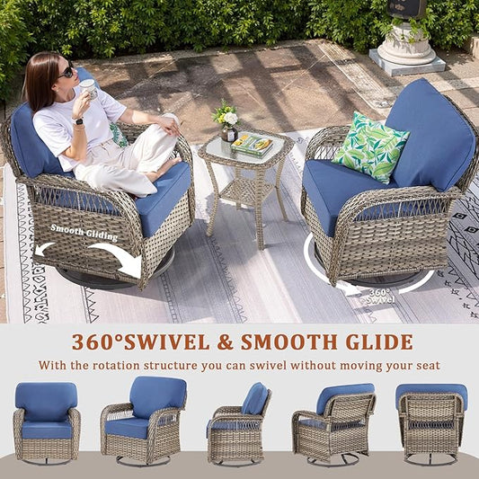 Outdoor Swivel Rocker Chairs - Patio Rocking Chairs Set of 2, 3PCS Wicker Patio Set with 5" Thick Cushion and Side Table, Rattan Patio Swivel Rocking Chairs for Porch, Deck, Backyard Blue/Gray