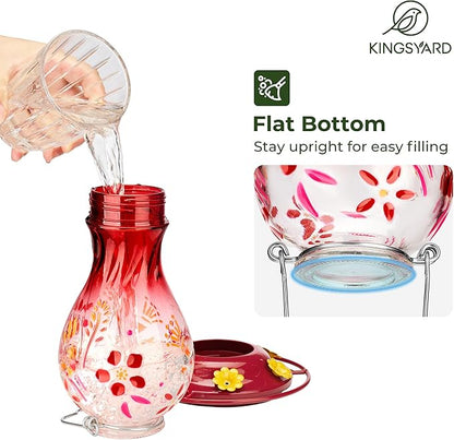 Kingsyard Glass Hummingbird Feeder for Outdoors Hanging - 26 oz Leak Proof Nectar Feeder with 6 Feeding Ports & Ant Moat for Garden Backyard Decor, Red