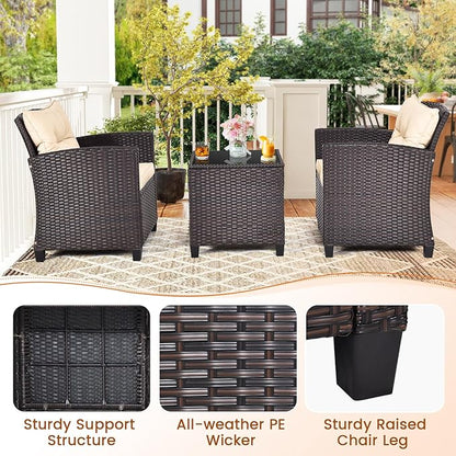 ORALNER 3 Pieces Patio Furniture Set, Outdoor Wicker Conversation Set Rattan Chairs with Cushions, Glass Coffee Table, Bistro Set for Front Porch Balcony Garden Deck Poolside (Beige)