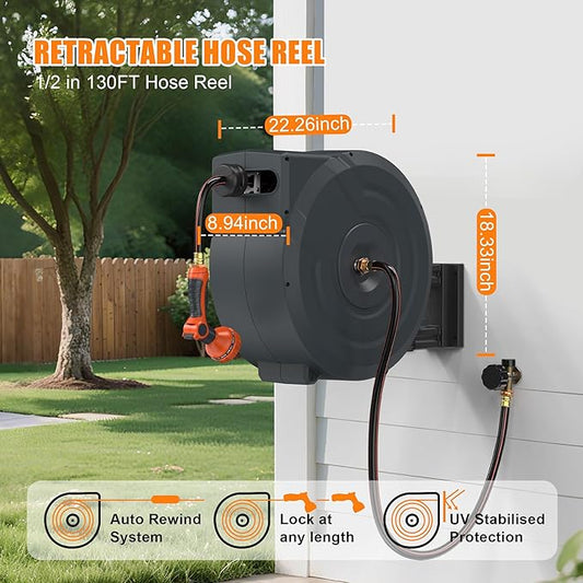 NEOTEC Retractable Garden Hose Reel 1/2 inch x 130ft - Wall Mounted Heavy Duty Hose Reel with 3/4 Inch Brass Fittings & 9-Pattern Nozzle - Auto Rewind System, Any Length Lock, 180° Swivel Bracket