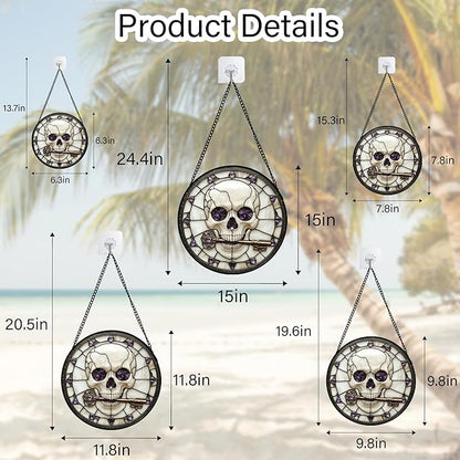 Stained Glass Window Hanging - Halloween Scary Skull Suncatcher for Doors Garden Home Spooky Purple Skeleton Key Sun Catchers Gothic Decor Horror Gifts for Women Men Friend Boy Girl 15 in