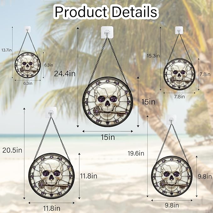 Stained Glass Window Hanging - Halloween Scary Skull Suncatcher for Doors Garden Home Spooky Purple Skeleton Key Sun Catchers Gothic Decor Horror Gifts for Women Men Friend Boy Girl 9.8 in