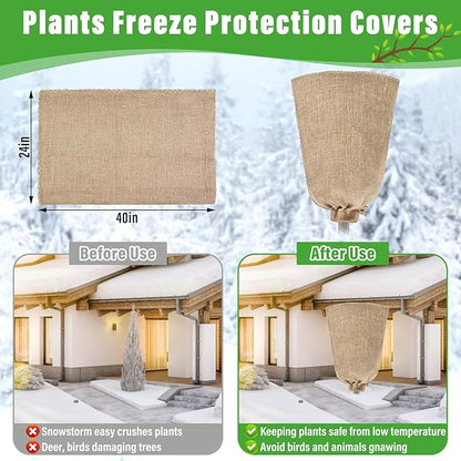 Riare 4 Packs 24 × 40 Inch Burlap Winter Plant Cover Bags with Drawstring- Reusable Large Burlap Sack Plant Frost Protector, Plant Frost Cloth Cold Tree Freeze Blanket for Outdoor Plants Fruit Shrubs