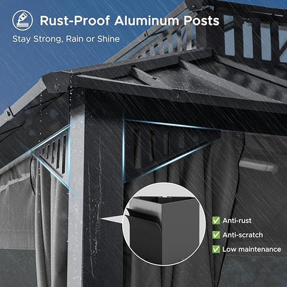 SUNJOY Kingston 16' x 12' Hardtop Gazebo with Galvanized Steel/Polycarbonate Double Roof, Curtain and Netting, Gray Aluminum Posts Permanent Pavilion Gazebo for Garden, Patio, Deck, Lawn