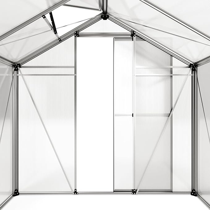 Greenhouse Jasmin 4 Aluminum Frame - 6.3 x 8.4 ft Approx. 6 mm Polycarbonate Panels - Bonus Base Frame and Automatic Vent Opener