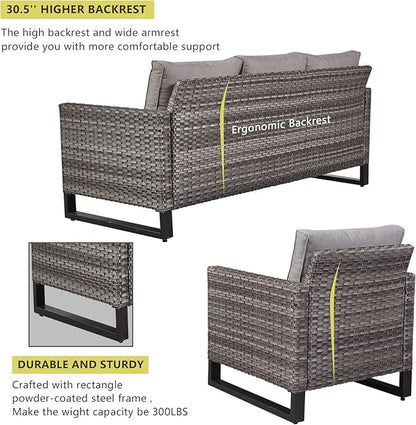 HUMMUH 8 Piece Patio Furniture with Fire Pit,PE Wicker Outdoor Conversation Sets-6-Seater Sofa,Patio Swivel Chairs Outdoor Chairs, Propane Fire Pit,Side Table for Porch,Garden,Backyard