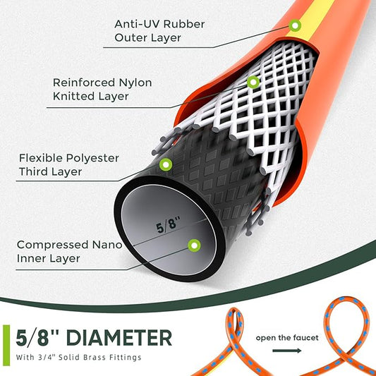 Hybrid Hose 50ft x 5/8", Short Garden Water Hose Heavy Duty, Flexible, Lightweight Hybrid Water Hose with Swivel Handle,3/4'' Brass Fittings, Available For Reel Cart Backyard Burst 500 PSI