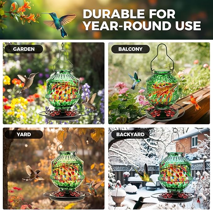 Hand Blown Glass Hummingbird Feeders for Outdoors, 25 Ounces Wild Bird Nectar Feeder with Perch & 5 Flower Feeding Ports Leak Proof Hanging for Garden Backyard Decor, Gifts for Women Mom, Green