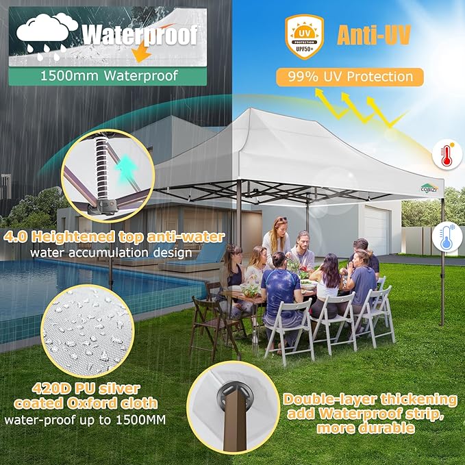 COBIZI 10x15 Pop Up Heavy Duty Canopy with Upgrated Hexagonal Legs, Easy up Tent for Parties, Commercial and Wedding, Outdoor Canopy with Roller Bag, Sand Bags, Waterproof & UPF50+ (White)