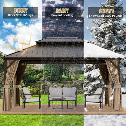 COOS BAY 12x16 Hardtop Gazebo with Aluminum Frame, Galvanized Steel Double Roof Outdoor Pavilion with Netting and Curtains, Dark Brown/Tan