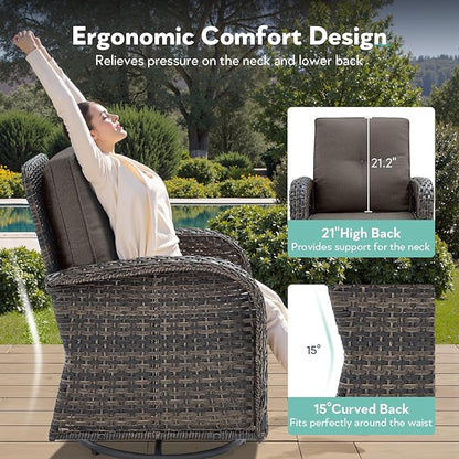 7 Piece Patio Furniture Set with Fire Pit Table - Wicker Patio Conversation Set with Swivel Glider, Glider Loveseat, Side Table and 2 Ottomans for Deck Backyard - Brown Wicker Grey Cushion