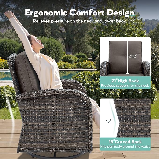 7 Piece Patio Furniture Set - Wicker Patio Conversation Set with Swivel Glider, Loveseat Bench, 2 Ottomans, Glass Side Table and Coffee Table for Deck Backyard - Brown Wicker Grey Cushion