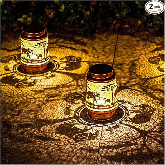 2 Pack Elephant Outdoor Solar Hanging Lanterns Waterproof LED Solar Lights Metal Decorative Lanterns for Garden, Patio, Courtyard, Backyard, Yard Decor Unique Elephant Gifts for Women Gardening