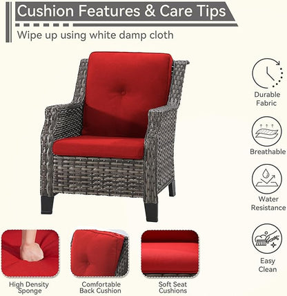 3-Piece Wicker Patio Furniture Set, 2 Armchairs and 1 Fire Pit, Conversation Set with Cushions, Red