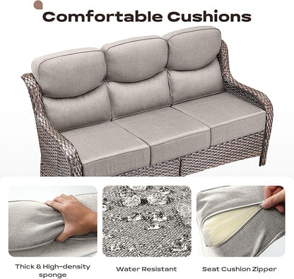 Rilyson Wicker Outdoor Patio Furniture Set - 6 Piece Patio Conversation Sets with Swivel Rocker Chairs, Ottomans, Sofa and Side Table, 6 inch Cushions, Waterproof Wicker, for Porch Deck Brown/Beige