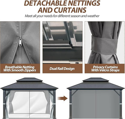 10 X 12ft Hardtop Gazebo, Galvanized Steel Double Roof Gazebo with Nettings and Curtains, Outdoor Aluminum FrameVertical Stripes Roof Permanent Pavilion for Patio, Backyard, Lawns