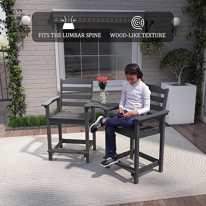 OTSUN 24 Inch HDPE Counter Height Outdoor Chair Set of 2 with Connecting Tray, All Weather Resistant Tall Adirondack Chairs for Balcony, Porch, Kitchen (2 PCS, Grey)