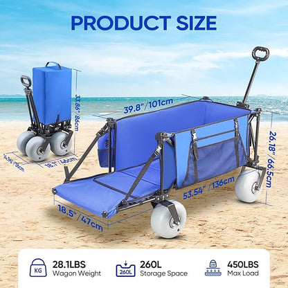 Beach Wagon with Big Wheels for Sand, 9" All-Terrain Balloon Wheels, Heavy Duty Folding Beach Cart 450lb Load, 260L Large Capacity Utility Wagon for Outdoor Sports (Dark Blue)