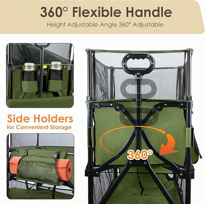 HOPERAN 550L XXL Wagons Carts Foldable, 54" Extra Length & Height Double Deck Collapsible Wagon Cart with Tailgate, 8" Big All-Terrain Wheels, 550lbs Load Utility Grocery Cart for Camping,Sports,Beach