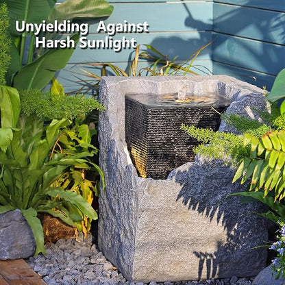Garden Water Fountain Outdoor Bubbling Fountain Small Fountains Indoor Waterfall Floor Standing Water Fountains for Garden, Patio with LED Lights, Pump, Natural Stones
