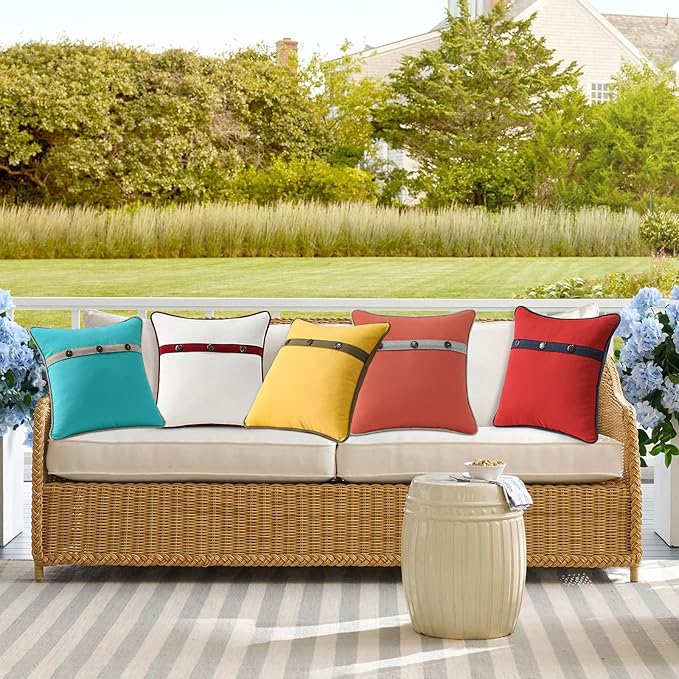 Outdoor Sunbrella Decorative Pillows with Triple Coconut Buttons Pack of 4, 16" x 16" Outdoor Pillow Set for Couch Bed Throw Patio Sofa, Canvas Melon/Cast Ash
