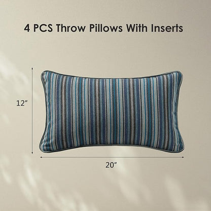 Sunbrella Decorative Outdoor Water Repellent Throw Pillows with Inserts, Set of 4, 20" x12" Pillows for Patio, Backyard, Bed, Couch, and Patio Furniture, Troupe Dock