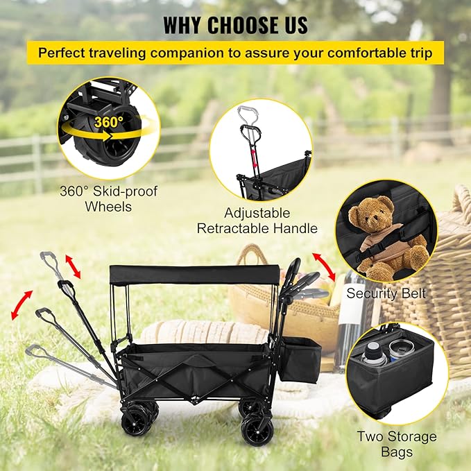 Happbuy Extra Large Collapsible Garden Cart with Removable Canopy, Folding Wagon Utility Carts with Wheels and Rear Storage, Wagon Cart for Garden, Camping, Grocery Cart, Shopping Cart, Black
