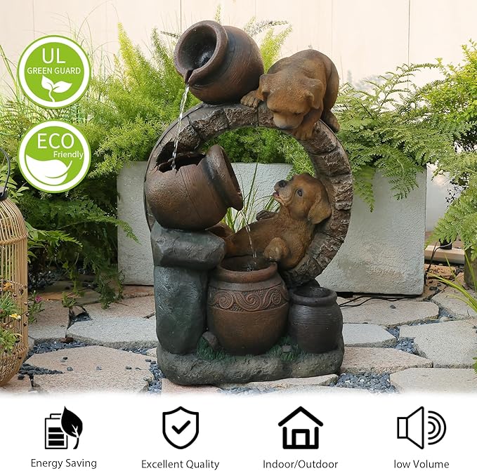 29''H Outdoor Garden Water Fountain,3 Tier Cascading Bowls Dog Waterfall Fountain with Lights for Garden, Patio, Backyard, Deck, Porch and Home Art Decor
