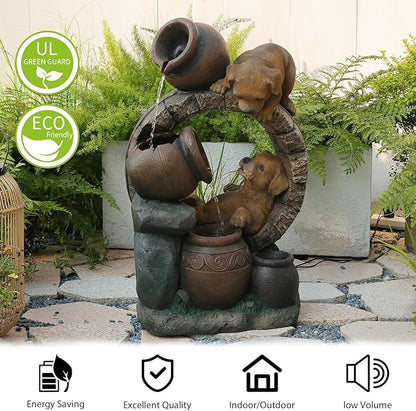 29''H Outdoor Garden Water Fountain,3 Tier Cascading Bowls Dog Waterfall Fountain with Lights for Garden, Patio, Backyard, Deck, Porch and Home Art Decor