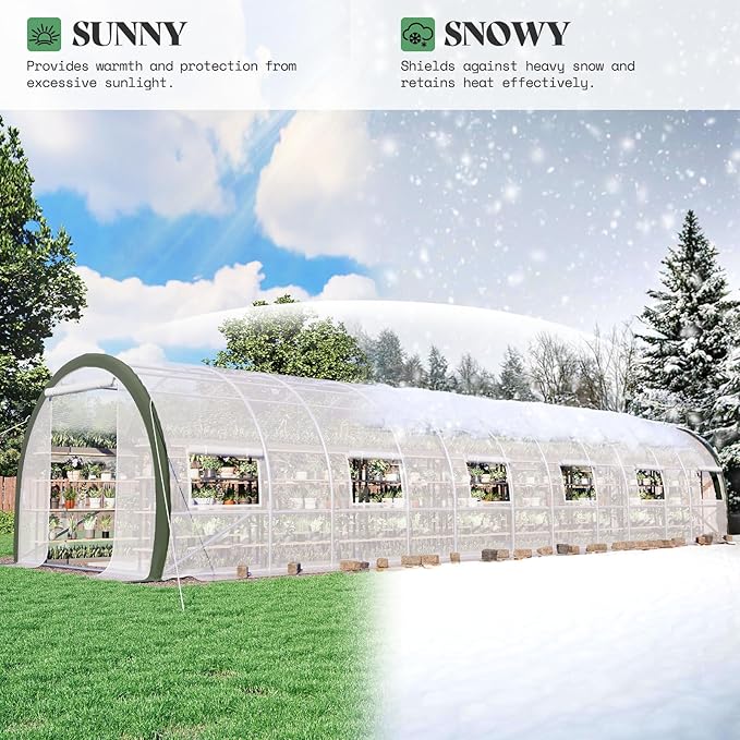 AMERLIFE 36x10x7 FT Large Walk-in Tunnel Greenhouses for Outdoors with Watering System 2 Zipper Doors, Heavy Duty Greenhouse Upgraded Galvanized Steel Frame 12 Windows, Green/White