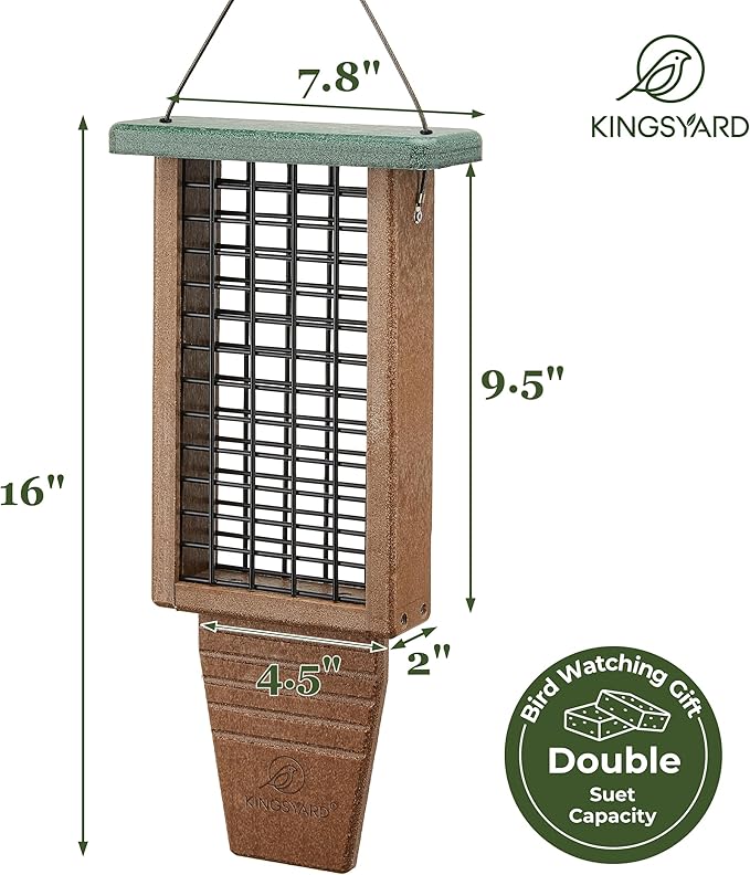 Kingsyard Recycled Plastic Suet Bird Feeder, Double Capacity Tail-Prop Suet Feeder for Outside Hanging, Sturdy & Durable, Great for Woodpecker & Clinging Birds, Green