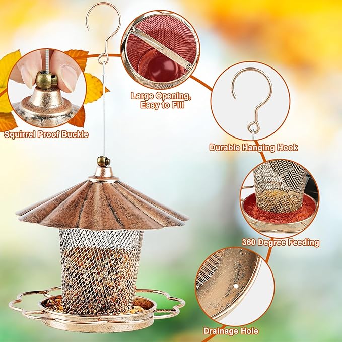 LBTING Bird Feeder for Outdoor, Squirrel Proof Metal Wild Bird Feeder for Hanging Outside Garden Yard Decoration, Flower Petals Shaped with Roof