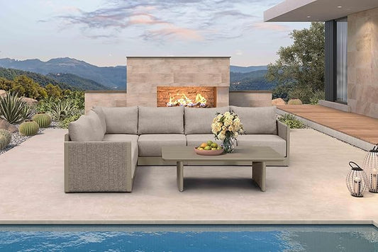 PURPLE LEAF Patio Furniture Set 7 Pieces Outdoor Conversation Sets PP Rope Patio Sofa with Cushions and Table Manual Weaving Deep Seating Furniture for Porch Lawn Backyard Beige