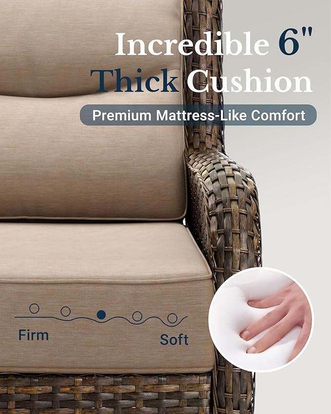 HILLGA Luxury Patio Furniture Set with 6-inch Thick Cushion, Outdoor Couch, Loveseat and High Back Swivel Rocker Patio Chairs, 7PCS Wicker Conversation Set for Deck Yard and Poolside, Beige (V2)