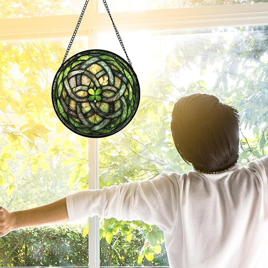 Stained Glass Window Hanging, Abstract Green Clover Sun Catchers Colorful Glass Panel Bless Suncatcher Decor for Birthday for Women, Men, Wife, Aunt, and Mom 6.3 in