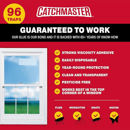 Catchmaster Window Fly Traps 96-Pack, Fruit Fly Traps for Indoors, Disposable Bulk Bug Catcher, Waterproof Insect Glue Trap, Adhesive Strips, Pest Control for Home, Kitchen, & Garage