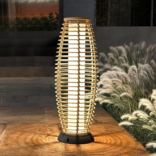 Solar Yard Outdoor Floor Lamp Patio Lights Solar Powered Lantern Weather-Resistant Wicker Deck Lights, Lamp Large for Garden (Austin Natural Brown)