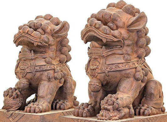 Zaer Ltd. Set of 2 Traditional Fu Dog Garden Statues, Chinese Guardian Lion Sculptures with Pedestals, Made with Magnesium-Cement (Antique Rust)