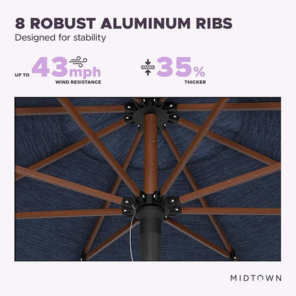 Midtown Umbrellas The Wooden 8 Feet Patio Umbrella With Sunbrella Spectrum Indigo Acrylic Fabric - Aluminum Frame Market Umbrella For Backyard, Deck, Garden, Pool - Wooden Pole