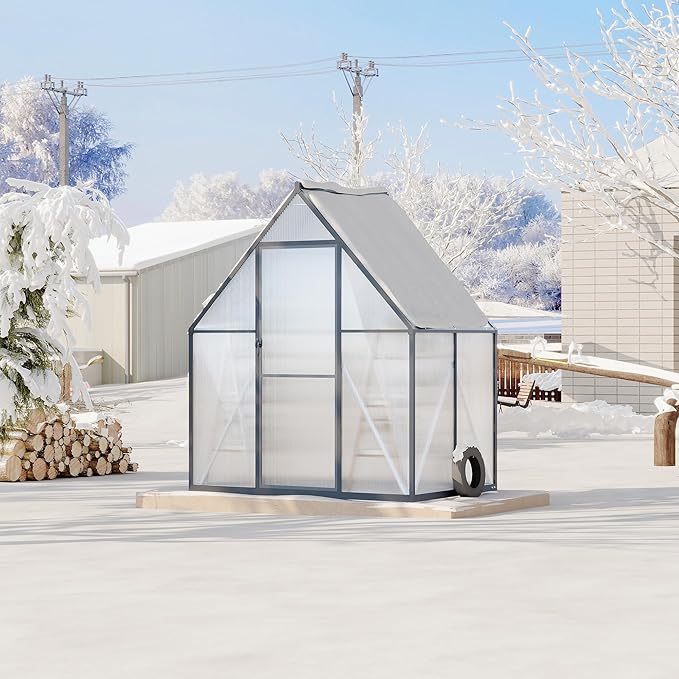6X4 ft Polycarbonate Greenhouse with Aluminum Frame, Polycarbonate Greenhouse for Outdoors, Greenhouses with Ventilation and Rain Gutter, Aluminum Large Walk-in Greenhouses for Outside
