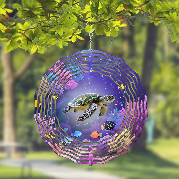 10 Inch Sea Turtle Wind Spinner, 3D Stainless Steel Hanging Kinetic Wind Sculpture Gifts for Garden Decor Yard Art Indoor Outdoor Window Porch Front Door Decoration
