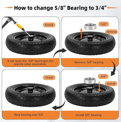 2PC 14.5" Wheelbarrow Tires, 4.80/4.00-8" Flat-Free Tire and Wheel, 5/8" Bearings, Extra 3/4" Bearing, Adjustable Center Hub for 3 to 7", Fits 4.80-8, 4.00-6, 3.50/2.50-8 Wheels, Maximum Load 300 lbs.