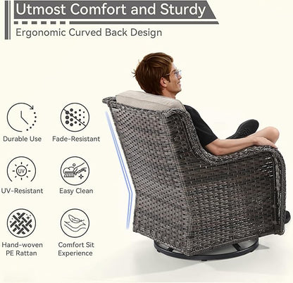 2 Pieces Outdoor Swivel Rocker Patio Chairs Set - Outdoor Wicker Patio Conversation Sets with 1 Side Table, Olefin Fabric Cushions Suitable for Backyard Deck and Porch, Beige