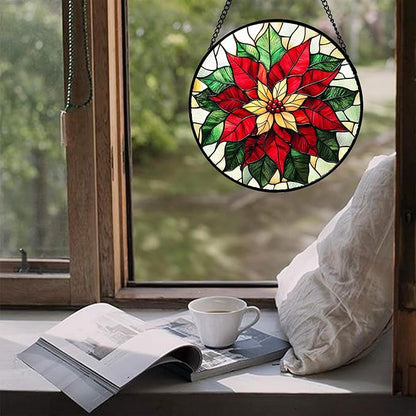 Stained Glass Window Hanging - Red Poinsettia Birth Flower Sun Catcher for Door Garden Home Decor Suncatcher Christmas Mother's Day Birthday Gifts for Women Men Mom Girl Nana Friend 9.8 in