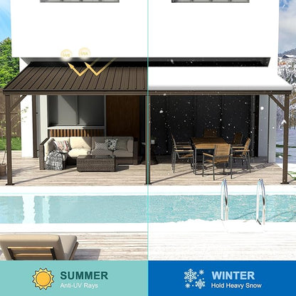 Domi 12’x20’ Lean-to Gazebo, Hardtop Wall-Mounted Gazebo Pergola with Sloping Galvanized Steel Roof and Upgraded Drainage System, Outdoor Permanent Metal Shelters for Patio Backyard Deck, Brown