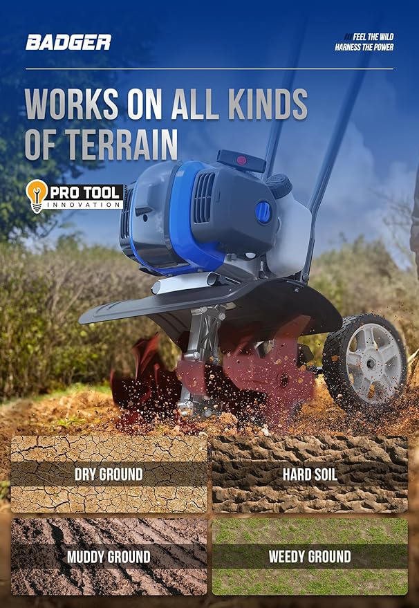 WILD BADGER POWER Garden Tiller 53cc Mini Cultivator 15 inch Powerful Liftable Booster Rod Tilling Tool for Lawn, Garden and Field Soil Cultivation