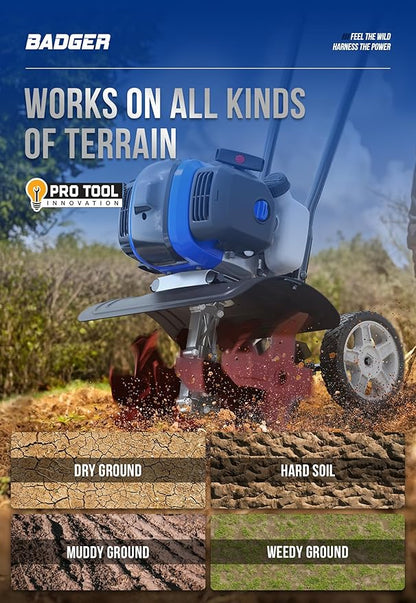 WILD BADGER POWER Garden Tiller 53cc Mini Cultivator 15 inch Powerful Liftable Booster Rod Tilling Tool for Lawn, Garden and Field Soil Cultivation